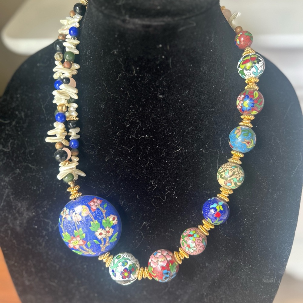 Blue Floral Cloisonné-Style Statement Necklace - Women Jewelry